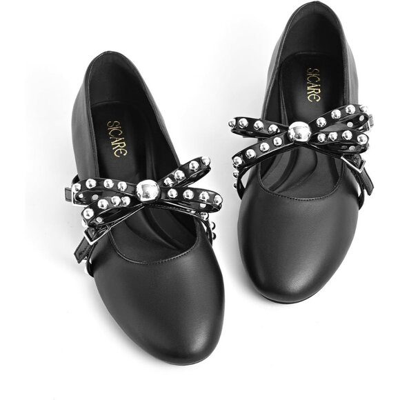 SICARE Mary Jane Black Flats Ballet Flats Shoes Pearl Embellished Bow Loafer - Picture 9 of 10